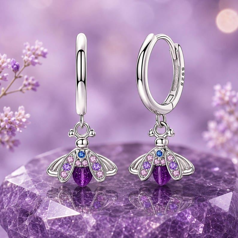 Brincos de argola em prata de lei 925 com ametista roxa, brincos elegantes