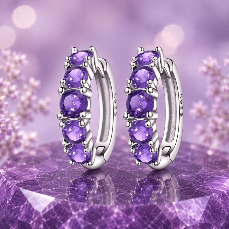Brincos de argola em prata de lei 925 com ametista roxa, brincos elegantes