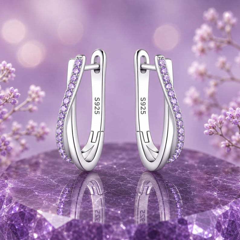 Brincos de argola em prata de lei 925 com ametista roxa, brincos elegantes