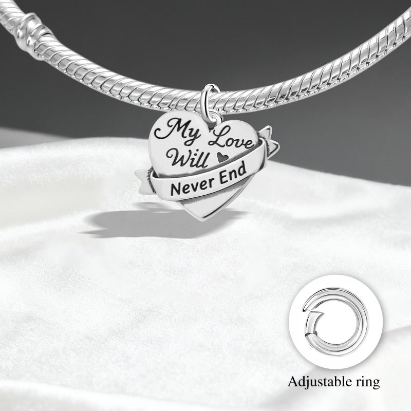 Heart-shaped conta with "My Love Will Never End"