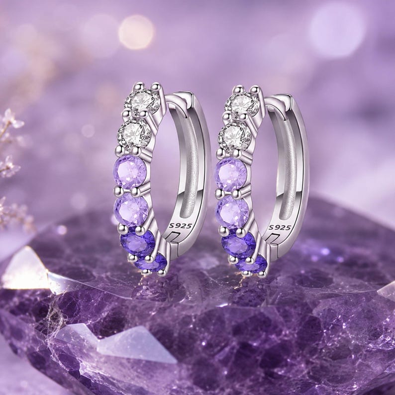 Brincos de argola em prata de lei 925 com ametista roxa, brincos elegantes