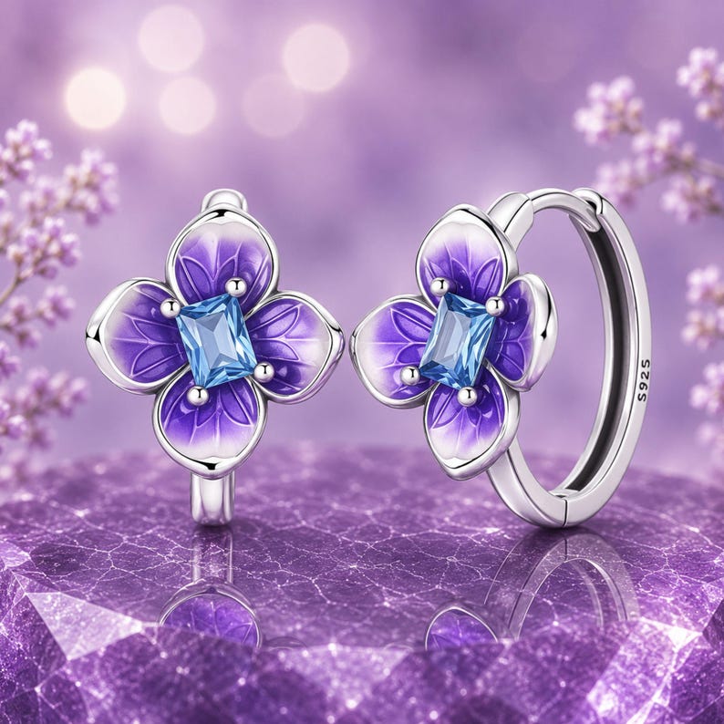 Brincos de argola em prata de lei 925 com ametista roxa, brincos elegantes
