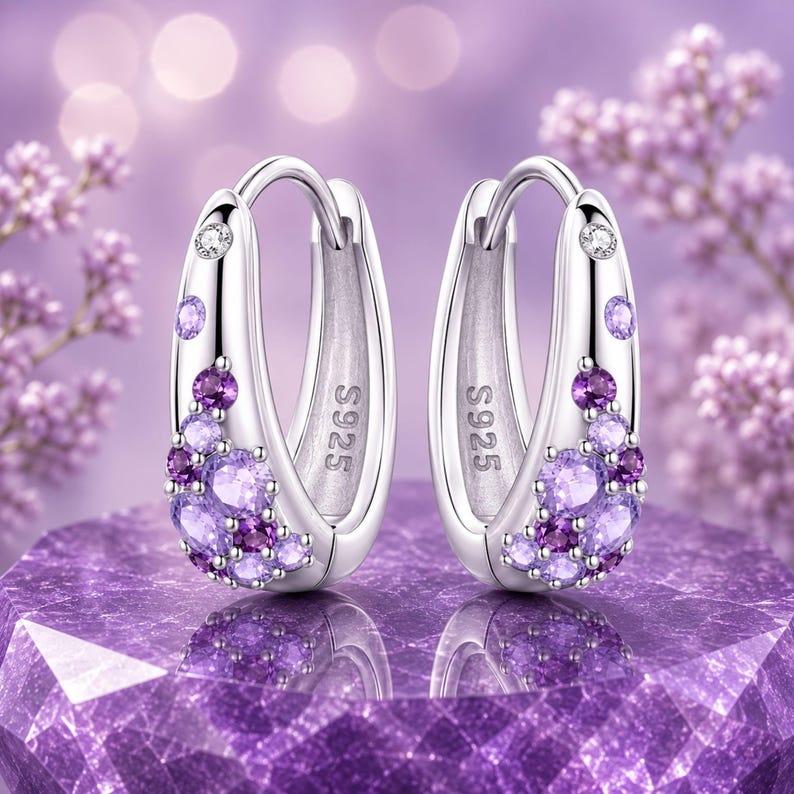Brincos de argola em prata de lei 925 com ametista roxa, brincos elegantes