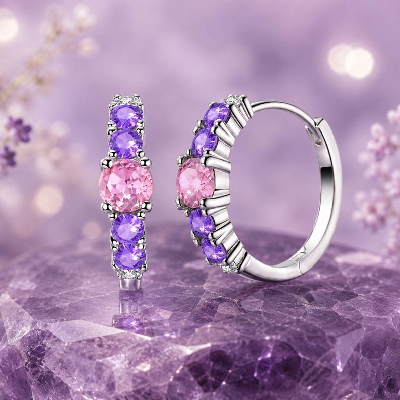 Brincos de argola em prata de lei 925 com ametista roxa, brincos elegantes